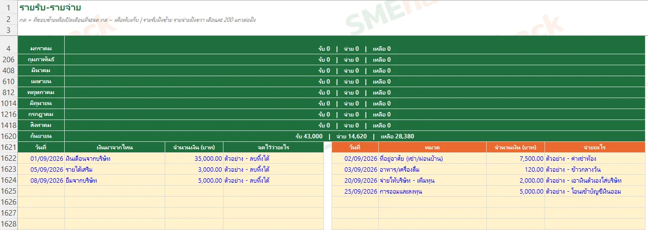 หน้ารายรับ-รายจ่าย แยก 12 เดือน รายรับซ้าย รายจ่ายขวา